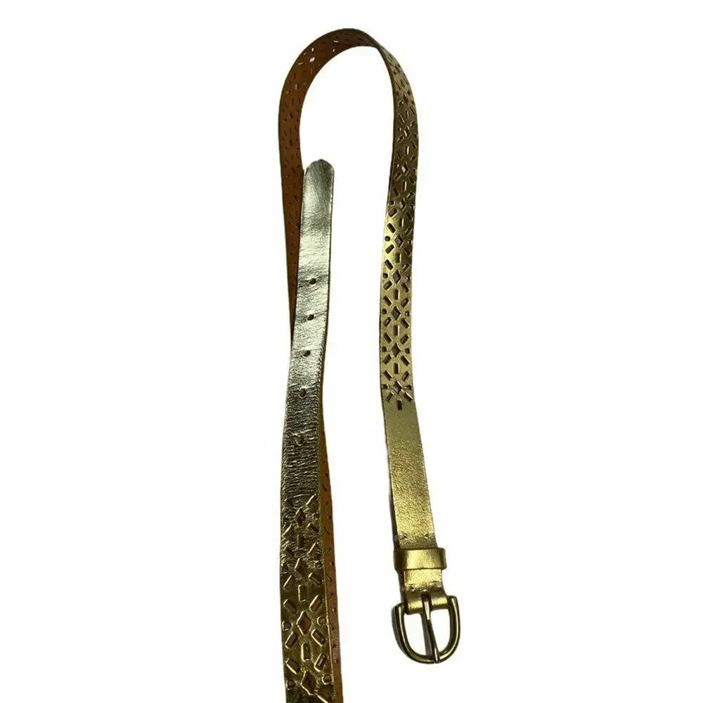 J.Crew Gold Perforated Leather Belt Size Large Boho Geometric Chic